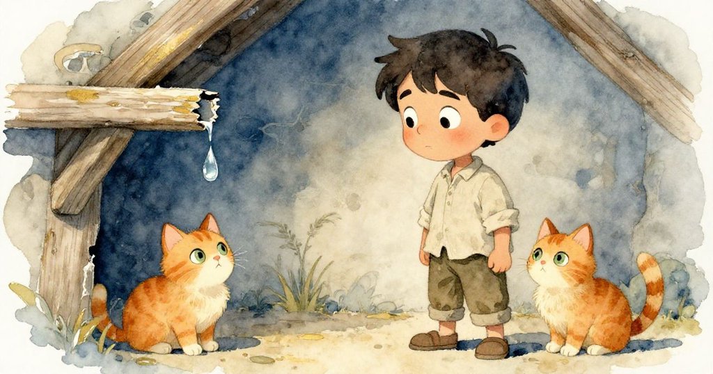 Reed背後，一顆水滴從裂縫緩落，橘色小貓好奇注視，酒窖柔光下呈現細膩神秘情景。