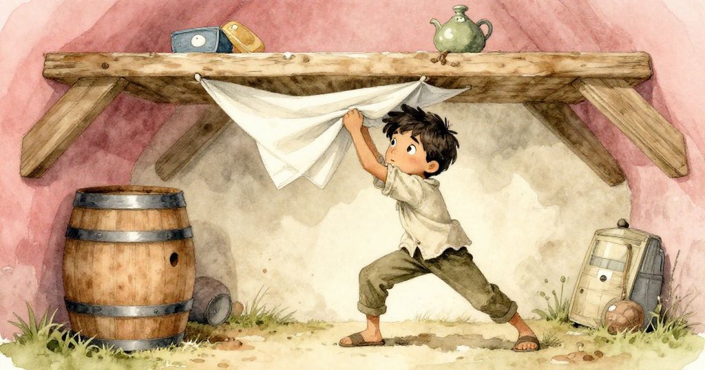 Reed用布條調整上層裂縫角度，與橡木桶形成超現實幾何圖形，燈光投下長長陰影，他神情專注。