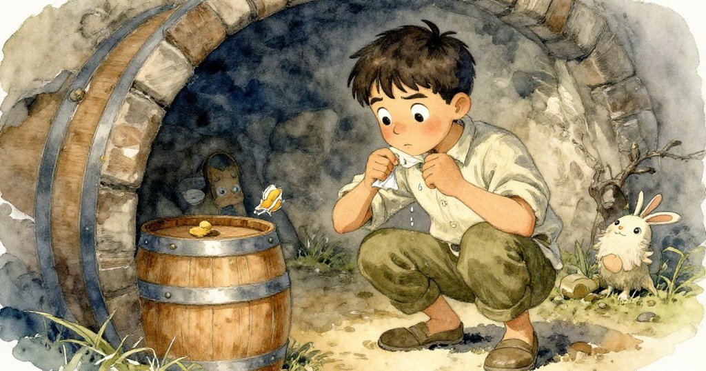 Reed急忙彎腰擦拭衣領滴水，神情焦慮專注，近距離突顯古酒窖石牆和橡木桶紋理。