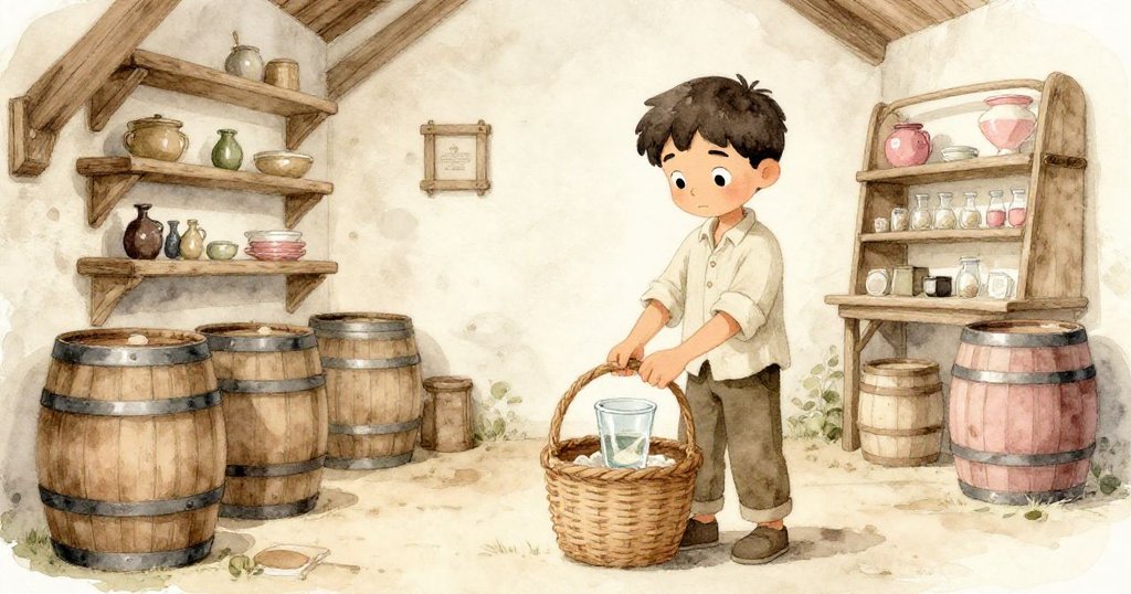 Reed小心將玻璃樣本放入籃中，環顧恢復寧靜的古酒窖，整體光影溫暖平和，帶著滿足與淡定。