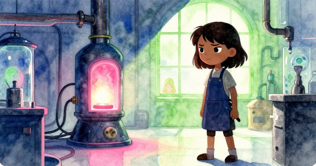 凱拉在爐火前站立,輪廓清晰,工作室內初始暖光與霓虹色對比,展現期待與決心