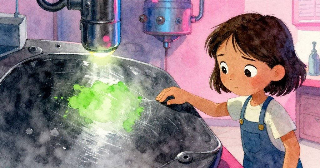 凱拉近距離檢視鋼面細微刮痕,手指輕觸展現材質紋理,集中好奇心與專注於創作細節