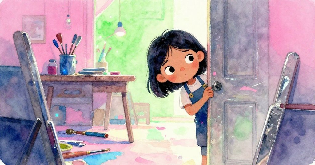 凱拉透過門縫窺視工作室內部,工具散落與殘留痕跡隱約顯現,激發對過往藝術神秘感的好奇