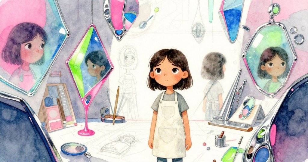 凱拉在超現實工作室內動作,調整搖晃的玻璃器皿,桌上未完成草圖與扭曲幾何圖形交織,呈現創作與混亂並存的景象