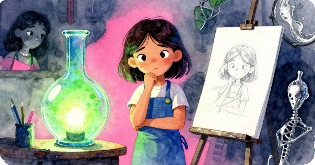 凱拉站在藝術抉擇面前,面部流露矛盾,玻璃器皿與未完成素描並列,室內燈光交錯展現內心掙扎與創作靈感