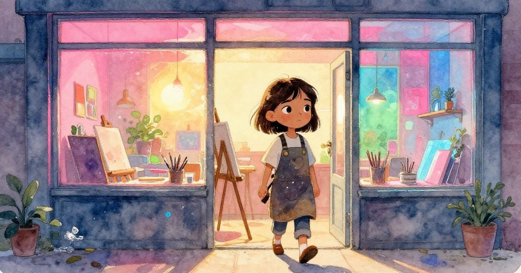 夕陽映照下凱拉走出工作室,外部光影融合金色與霓虹色,展現創作歷程的平靜結局與感悟