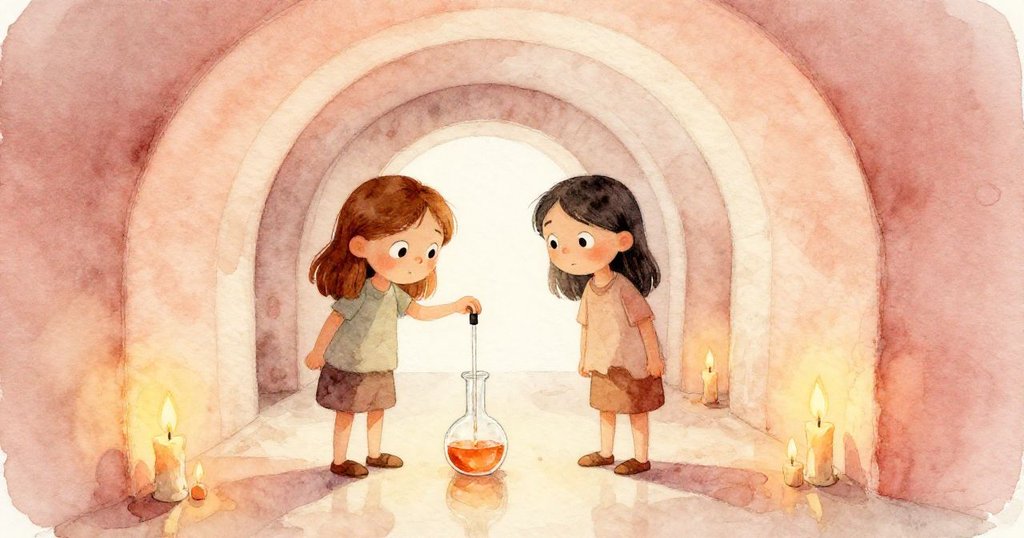 凱拉站在拱形走廊下，注視著玻璃滴管與燒瓶，燭光映出內心堅定與神秘氛圍。