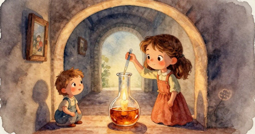 凱拉手邊的玻璃滴管特寫，燭光輕輕滑過，展現細膩光影與物件紋理的溫柔魅力。