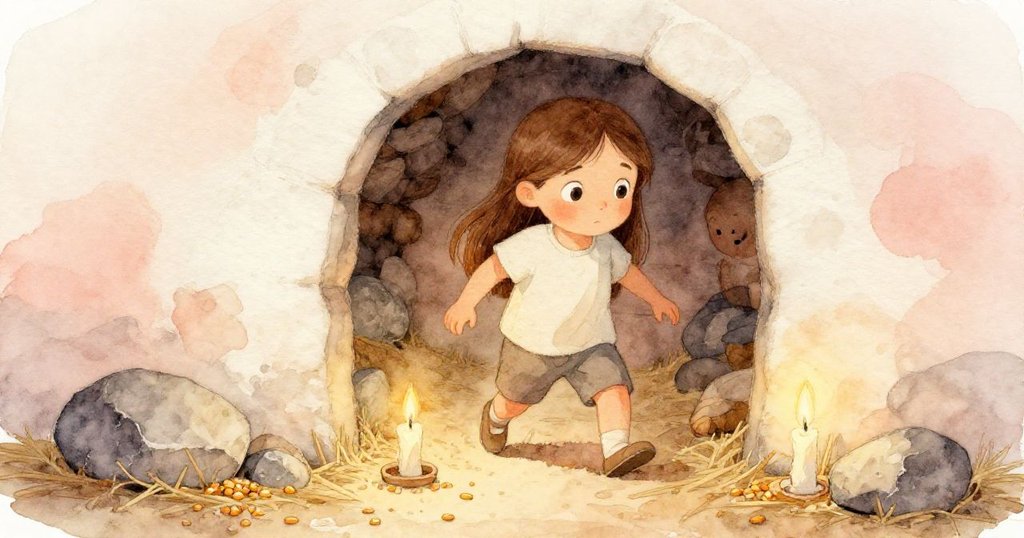 凱拉步入昏暗酒窖，靴子輕觸稻草，石牆上散落玉米粒，細節豐富、層次分明。