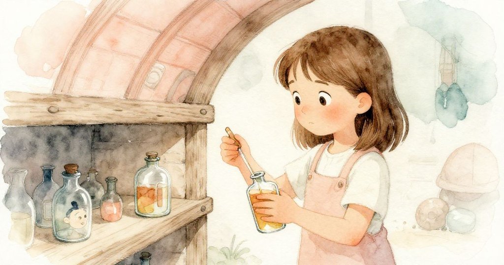 凱拉平靜收起滴管，將燒瓶藏於低架陰影中，臉上帶著告別實驗的堅定與從容。