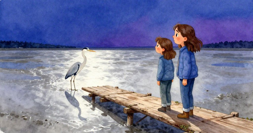 伊芙站在古舊木橋上，凝望著展翅白鷺踏過銀光泥灘，神情專注且充滿沉思，夜色與水紋交織。