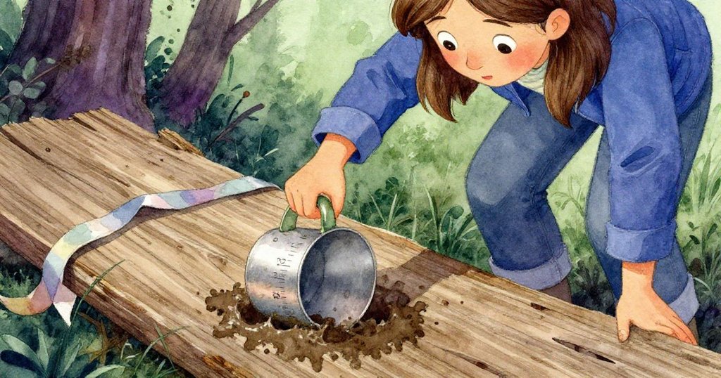 伊芙彎腰細看斑駁測量杯，輕輕撥開泥中殘留的舊彩帶，細節展現時間痕跡與回憶溫柔。