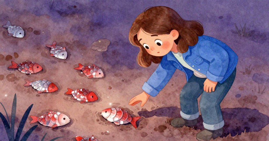 從背後看伊芙彎腰觸摸閃爍鱗片，泥濘中微光閃動，神態專注而驚喜，透露出探索奇蹟的瞬間。