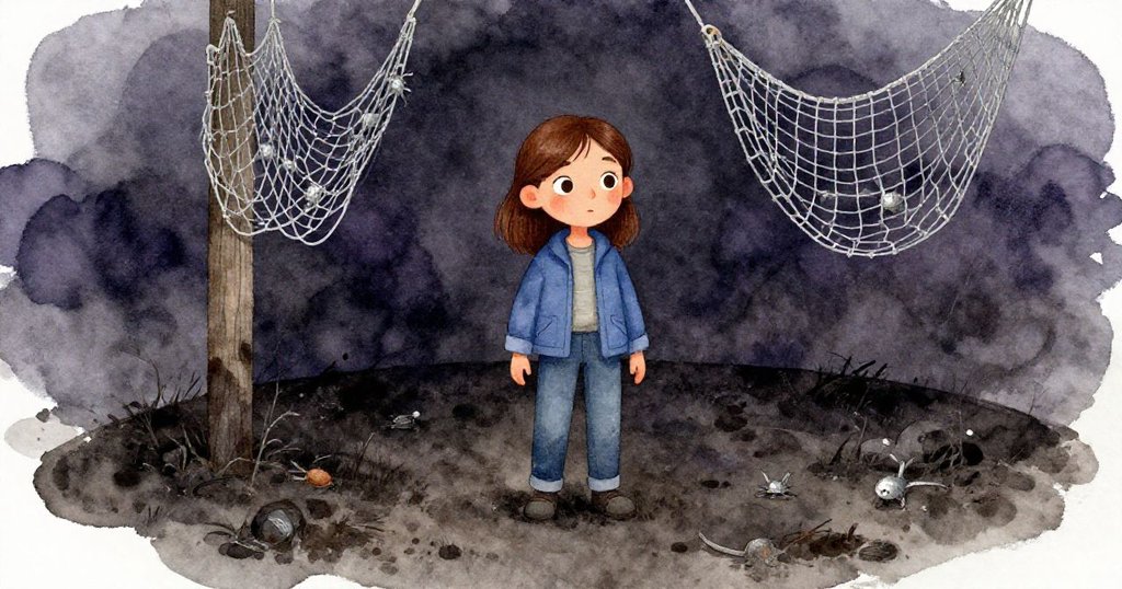 伊芙凝視缺失柱子位置，暗色泥圈中隱約浮現舊日蟹網痕跡，神情流露出淡淡哀愁與懷舊。