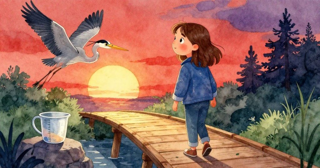 夕陽餘暉中伊芙微笑歸橋，背後鷺鳥展翅飛翔，溫暖光線與石上立杯營造出平靜希望氛圍。