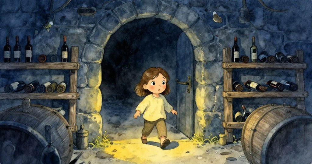 Nora 輕推舊門進入陰暗酒窖，石牆與橡木架映出懷舊氣息，她滿帶好奇心與期待探索未知世界