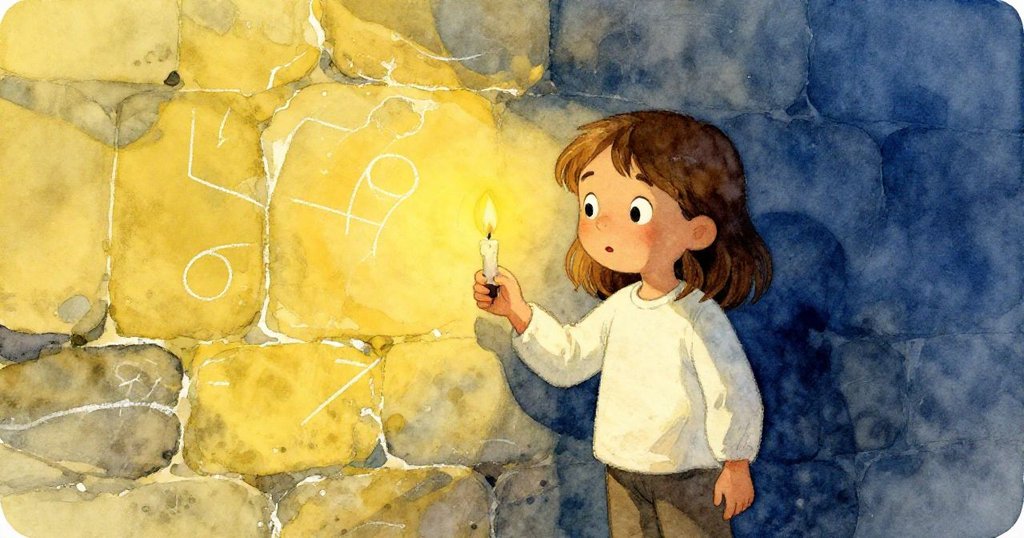 Nora 注視著石牆上褪色的粉筆記號，蠟燭火光映出她沉思的面容，神情充滿追憶與神秘