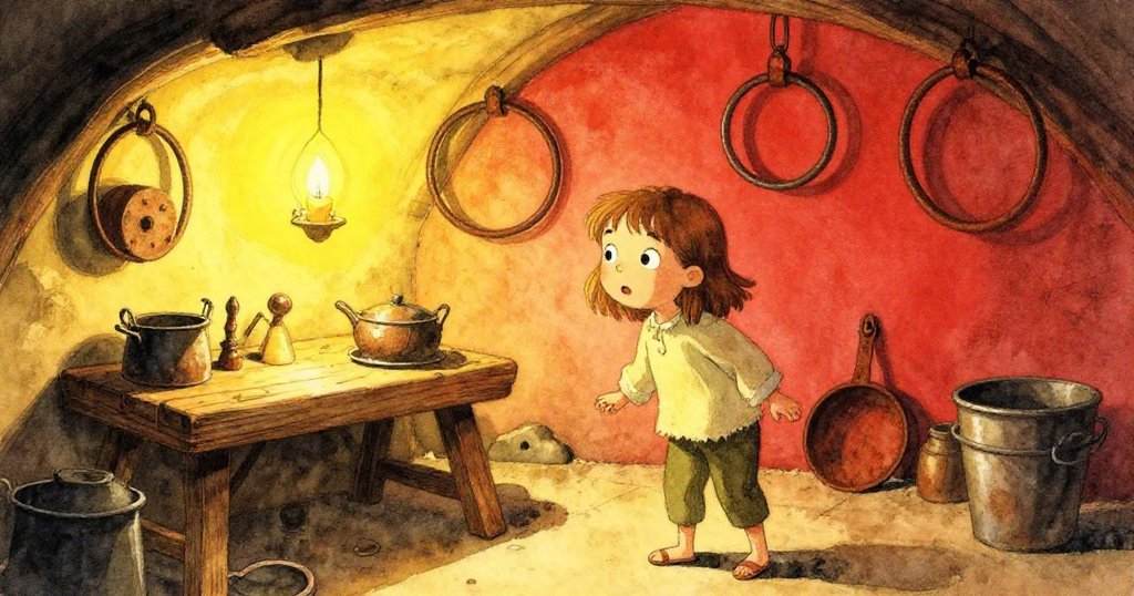 Nora 走進酒窖側室，仔細端詳桌上陳舊廚具與鏽鐵圈，溫暖燭光中散發家族舊日情懷