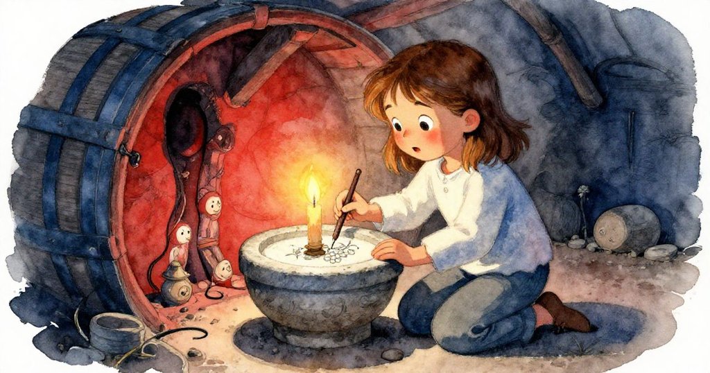 Nora 跪在古老酒桶旁，手指輕觸石牆上精緻葡萄雕刻，眼神充滿驚奇與探索，動作定格於神聖發現