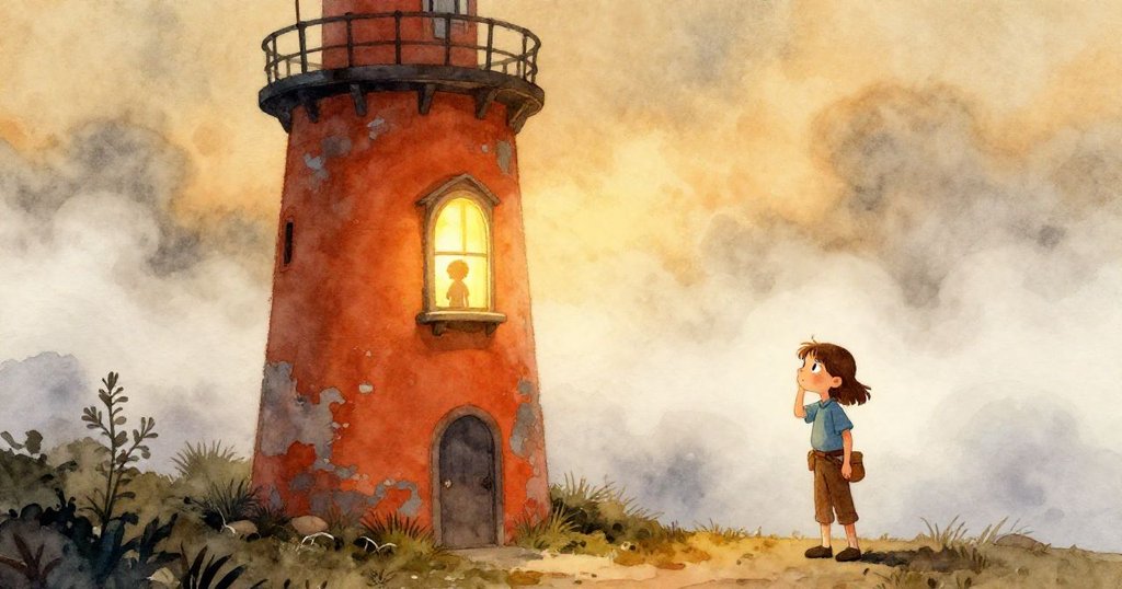 在濃霧中,Joy在塔窗內忙碌,外景中海岸塔樓與迷霧相映,充滿堅定與期待的情緒。