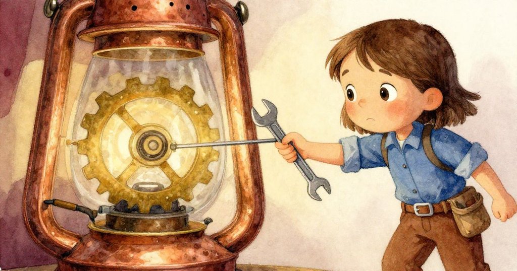 Joy蹲在燈籠房內,輕觸生鏽黃銅齒輪與扳手,細膩呈現用心的動作和歷史感。