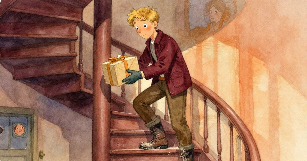 Eli出現在螺旋樓梯上,帶著包裹輕放平台,環境中隱約能聽到霧角號聲,呈現時光流轉與堅定情緒。