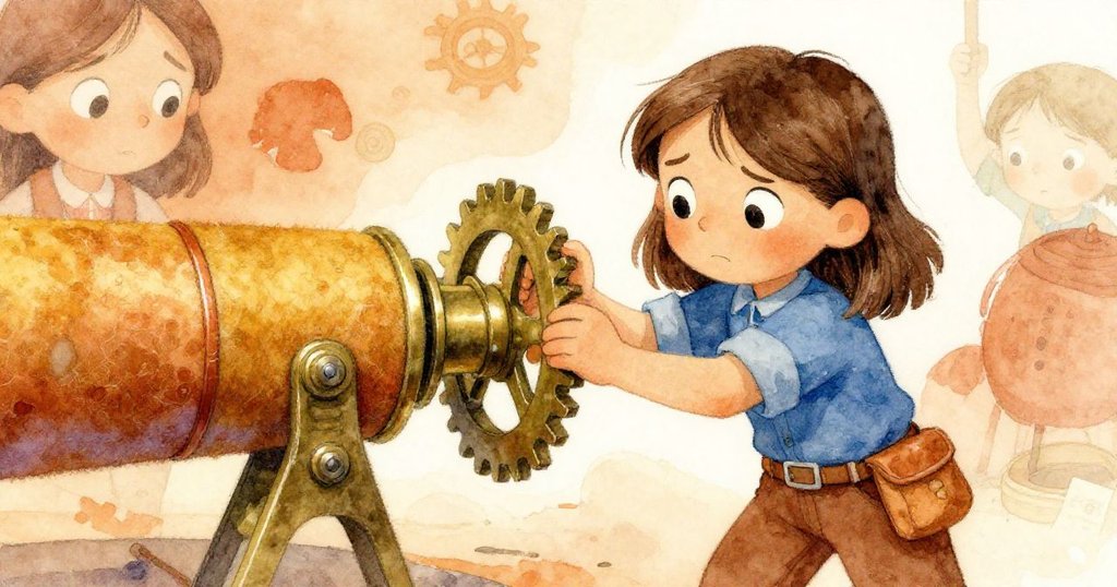 Joy專注地將毛氈圓筒對準齒輪,調整機械運作,神情中透露著擔憂與希望,溫暖室內光影交織。