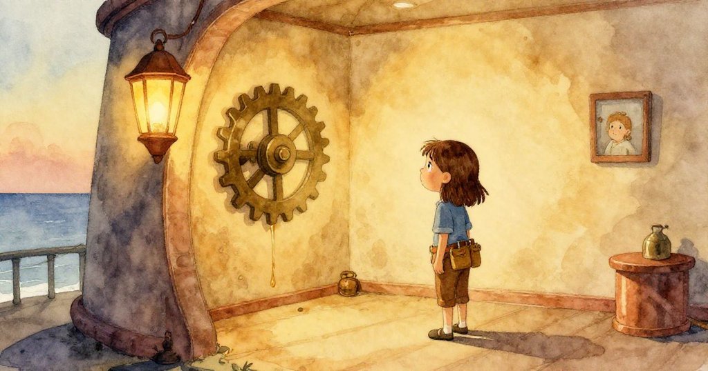 在風暴後的寧靜中,Joy站在停轉齒輪邊,檢查儀表,旁有油滴伴隨海浪節奏,象徵著塔樓恢復平靜。