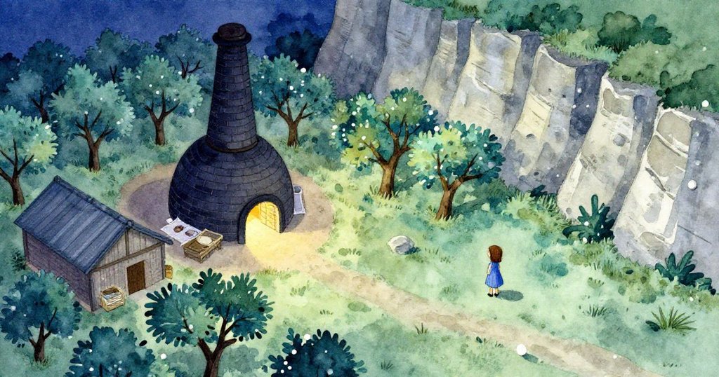 妮娜站在曬窯旁,從上方看見發光的磚窯、果園與石灰岩懸崖,神情好奇,夜幕初降。