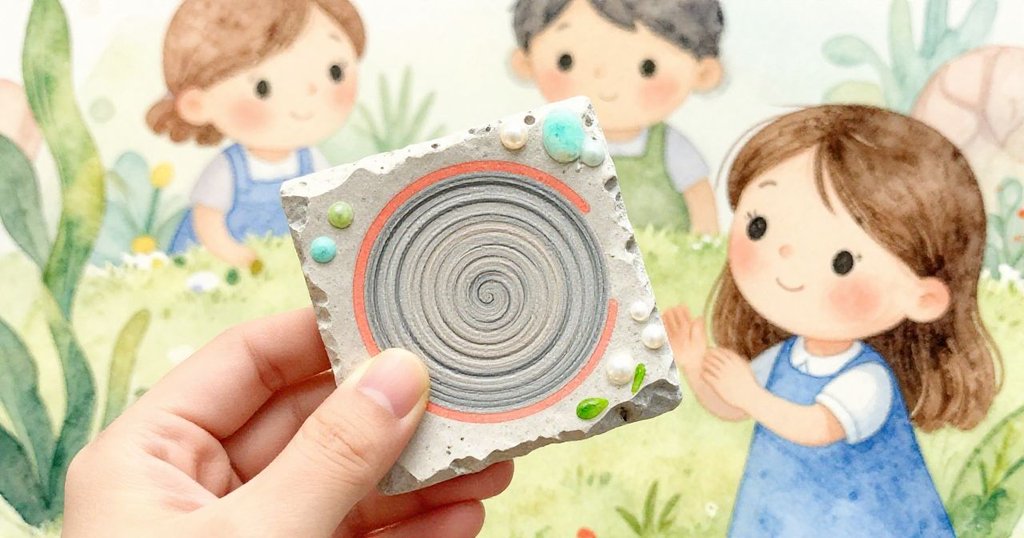 妮娜細心地拿起一塊覆滿灰燼的小碎片,仔細檢視螺旋圖案,動作溫柔,背景隱約見到磚牆。