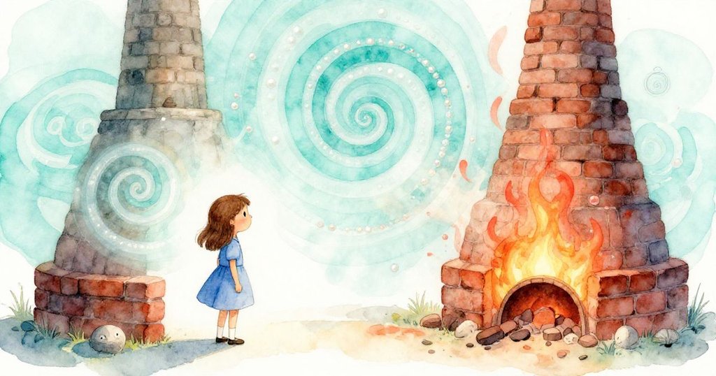 妮娜站在窯前,現實火光與想象中的螺旋圖案融合,光影交錯,呈現夢幻般計量與記憶交織的景象。