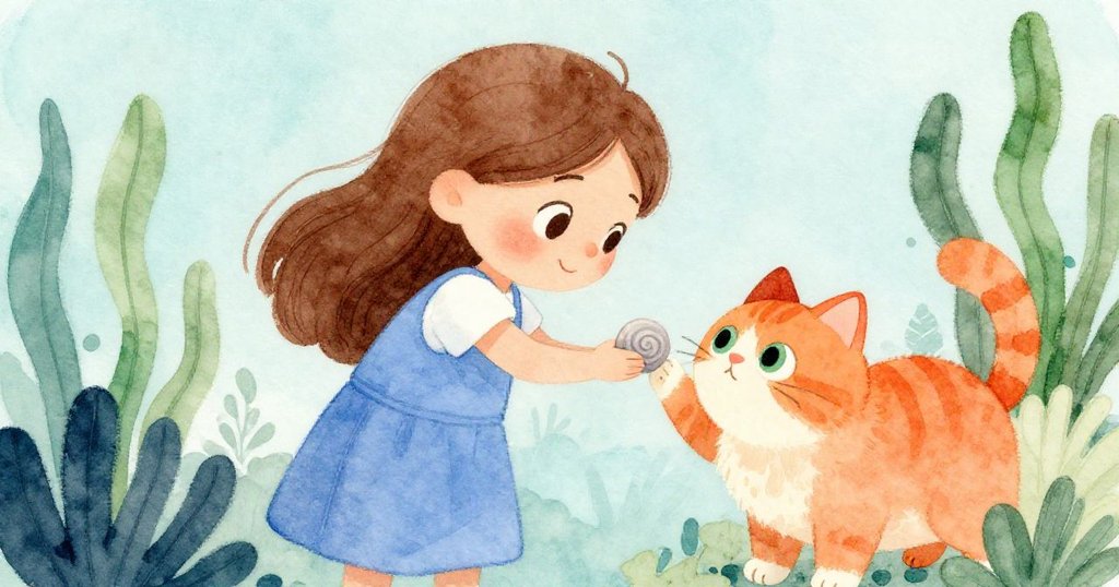 妮娜握著碎片時,一隻橘貓好奇地蹭上她的手,兩者互動充滿溫暖與神秘,夕陽漸隱。