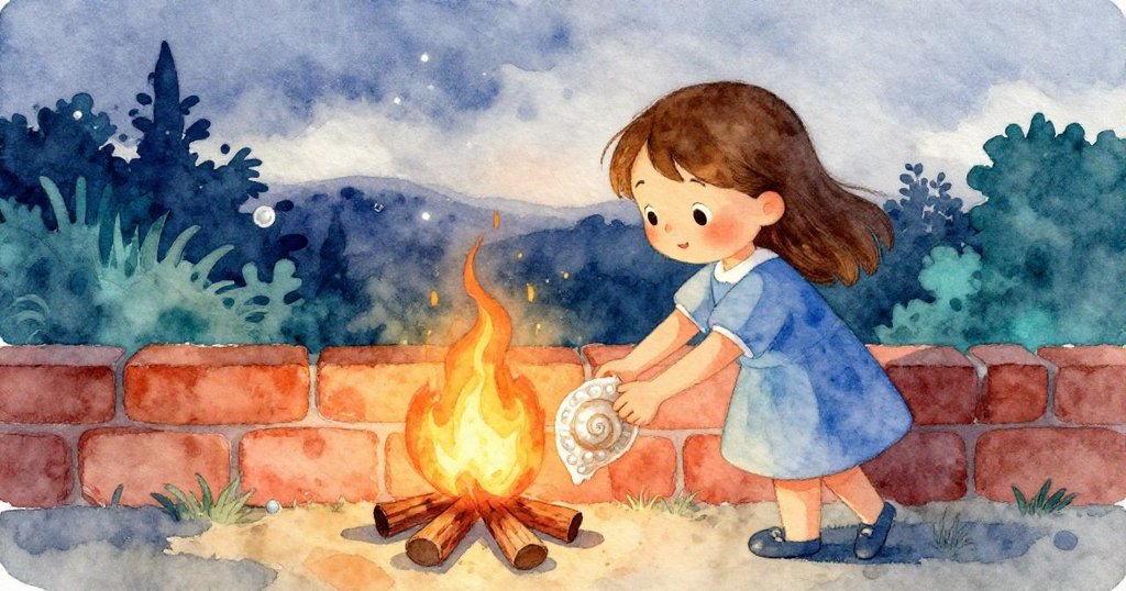 妮娜在暮色中回到門口,將螺旋碎片豎立於溫暖磚牆上,臉上映出平靜堅定,送別一天的餘燄。