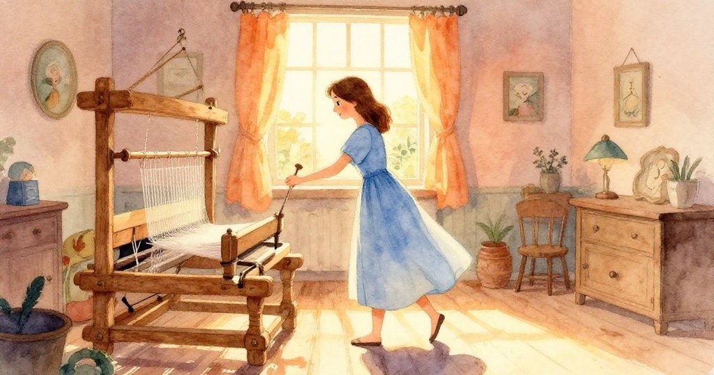 Tess穿著藍色連衣裙走進晨光映照的織布室，古老織機和高窗散發溫暖光芒，臉上流露期待與柔和情感。