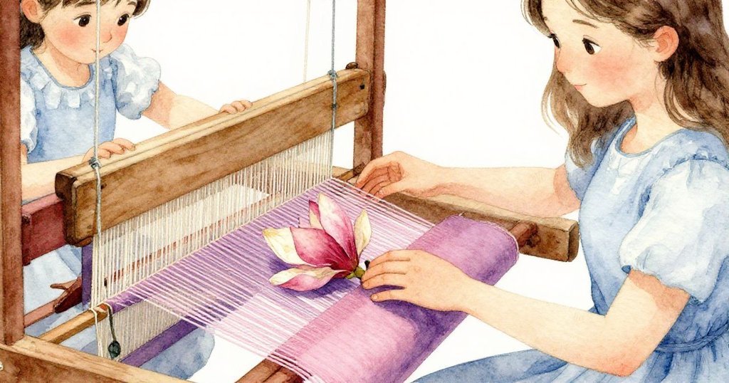 Tess用指尖輕觸織機上緊繃的經線，一片乾木蘭花瓣靜靜依附，展現細膩與好奇的神情。
