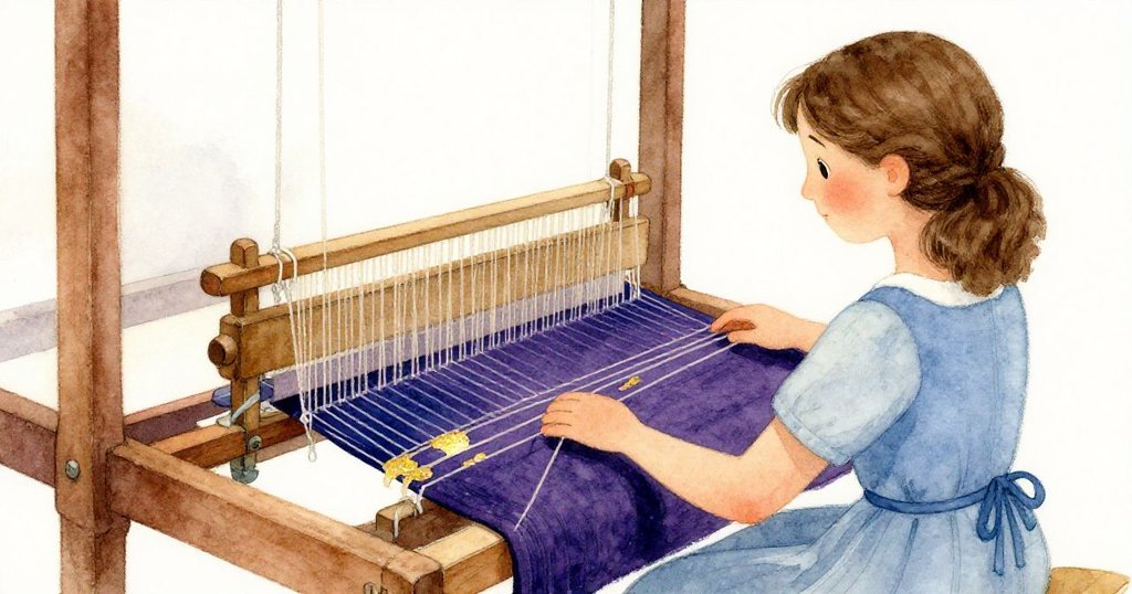 從背後看，Tess操作織機傳送梭子，布料上出現不規則花紋與淡色線條，臉上表情顯示疑惑。