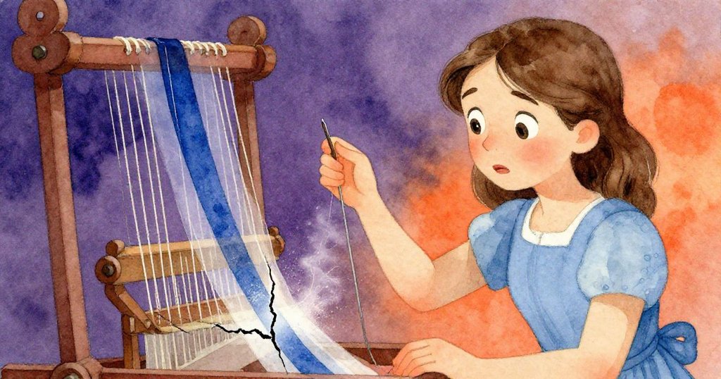 Tess驚訝地注視織機橫樑裂縫，細緻纖維塵霧與幽靈般靛藍線條交織，她小心握著竹鉤，表情充滿懸念。