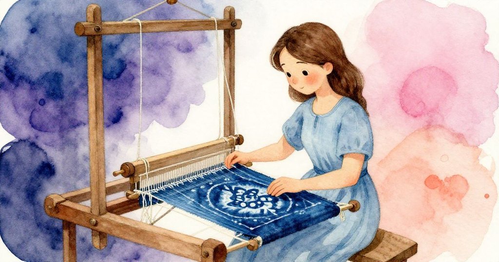 Tess平靜地在古老織機上以舊靛藍染劑創新圖樣，臉上帶著淡淡笑意，象徵轉變與時間流逝之美。