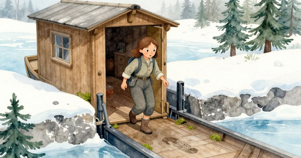 Mae 跨過狹窄鐵邊登上木船甲板,發現潮濕印記,背景河邊晨光微冷,心情好奇期待未來冒險。