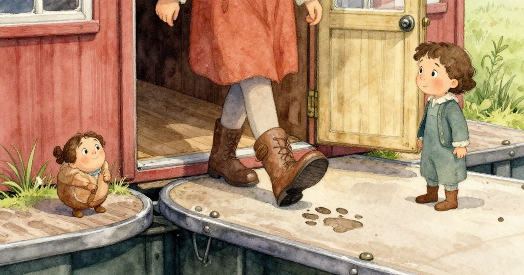 Mae 的手戴著手套仔細觸碰木船上潮濕印記,細部紋路清晰,展現好奇心與謹慎探究,氣氛溫柔。