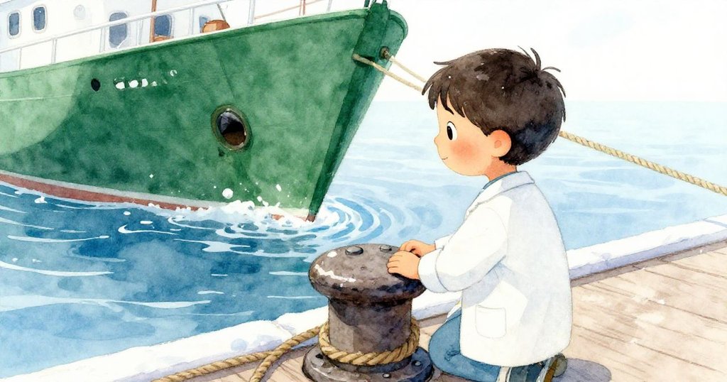 Mae 從背後觀察 Miles 用繩子固定碼頭柱,輕拍船板傳達默契,背景河水起伏,展現專注協作與冷靜氛圍。