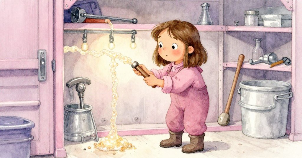 Mae 在工具櫃內發現一道閃亮樹脂痕跡,仔細檢查工具細節,室內溫暖柔和,心情興奮與期待新發現。