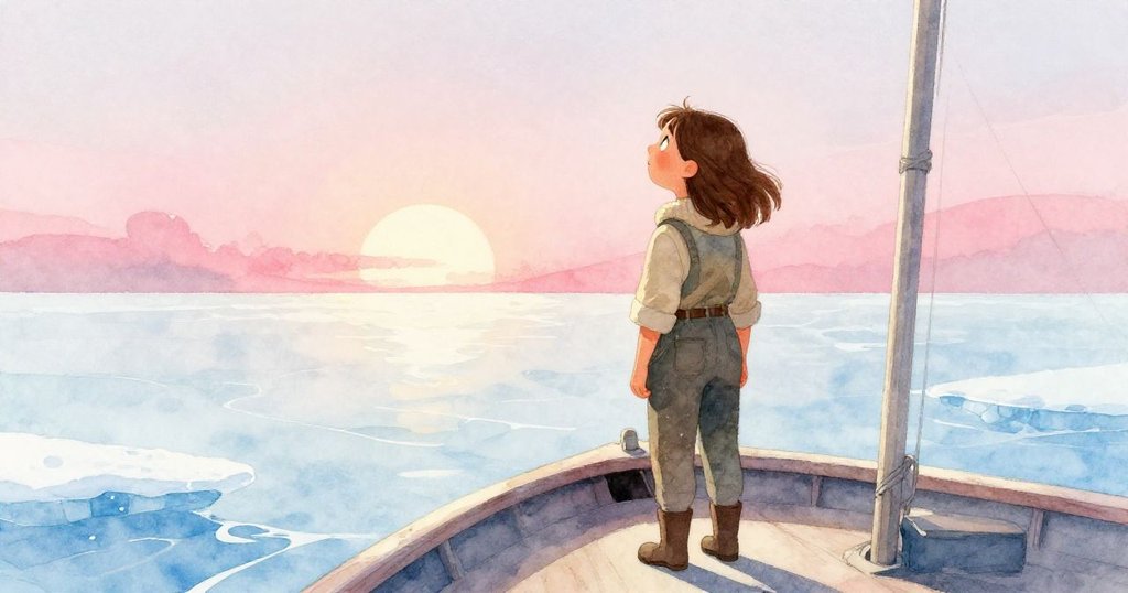 Mae 充滿決心站在船口,金色日光照耀下望向開闊遠方,心情堅定且充滿希望,展開新旅程。