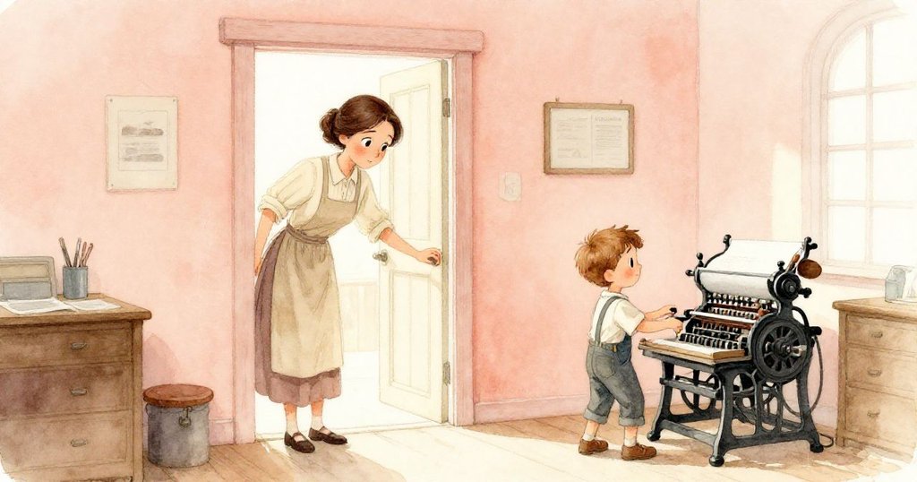 Tara 在門口靜立觀看一名年輕幫手操作古老印刷機，神情平靜，背景溫暖、懷舊。