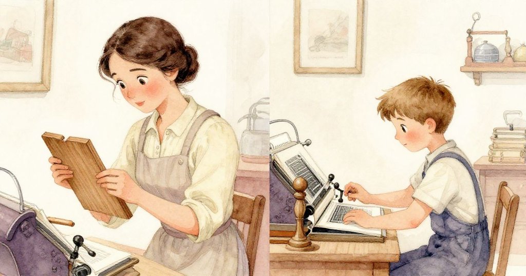 Tara 觀察古舊木台上遺缺位置，旁邊幫手忙著印刷，畫面分割呈現懷舊且專注的瞬間。