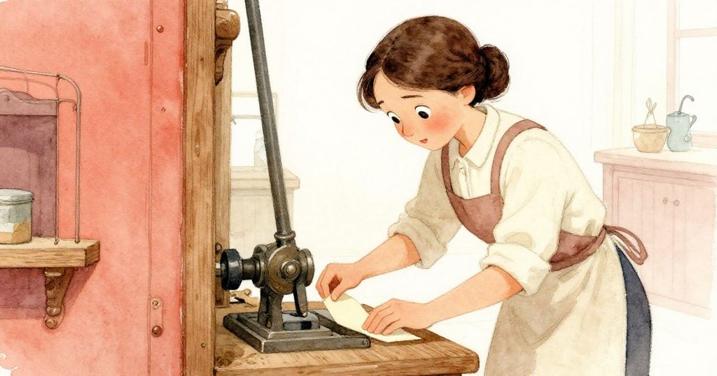 從高處俯瞰，Tara 膝彎小心拔出夾紙，展示出古老印刷機細膩的木質紋理與歷史痕跡。