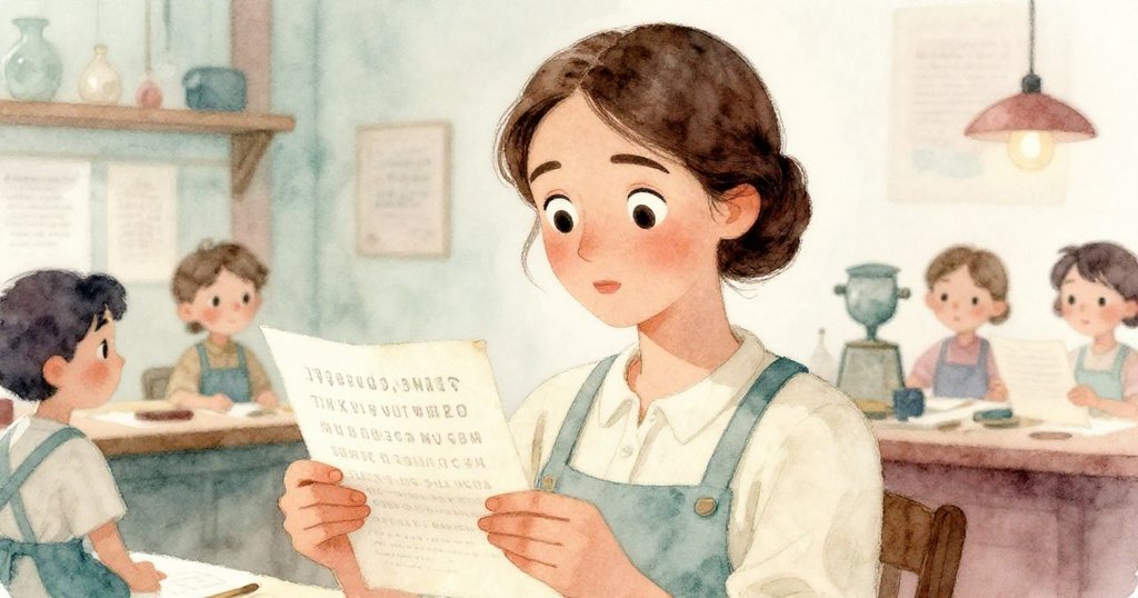 Tara 近距離凝視手中廢紙，臉上流露驚喜與溫柔認知，背景隱約展現古老印刷作業氛圍。