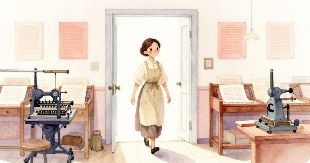 Tara 帶著滿足走向明亮門口，背景展現恢復整齊的印刷室與印有清晰格言的紙張，氣氛寧靜溫馨。