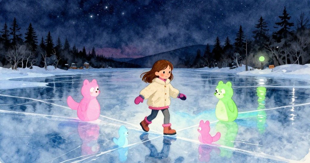 艾拉在寒冷夜晚踏入冰湖入口，星光燦爛，她滿懷好奇心開始冒險，冰面上呈現霓虹與銀光交織的美景。