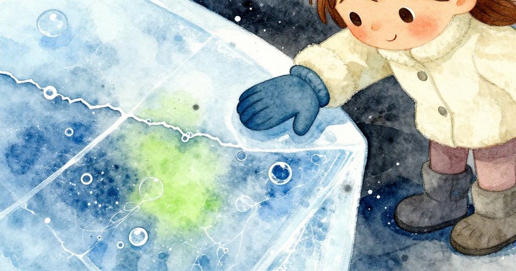 艾拉伸手細看冰面上細細曲折的黑線與氣泡，冰冷晶瑩的表面映出電藍與銀光，神情充滿驚奇。